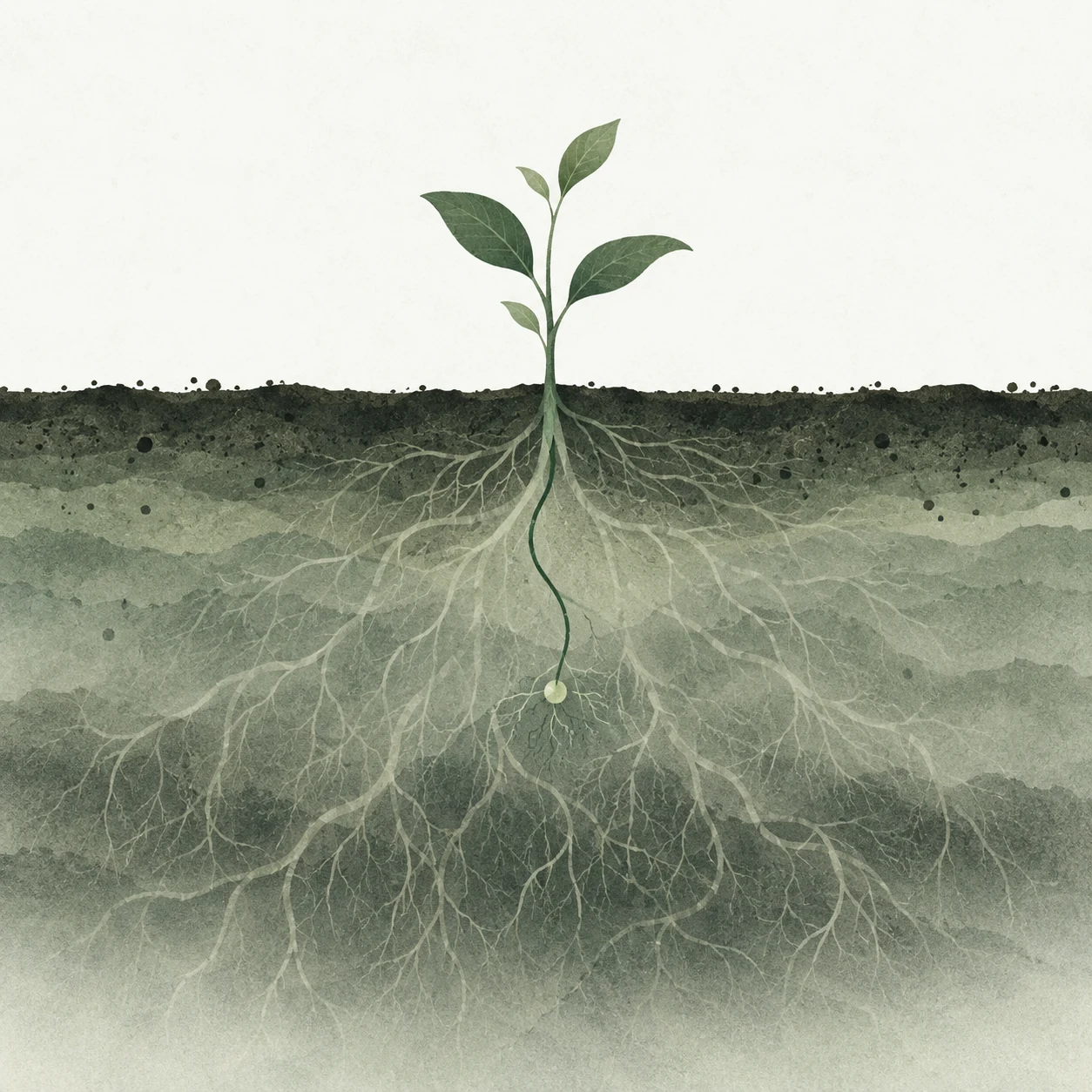 A young plant above a network of roots softened by soil and mist. A single root from the stem to a small node is traced in deep green.